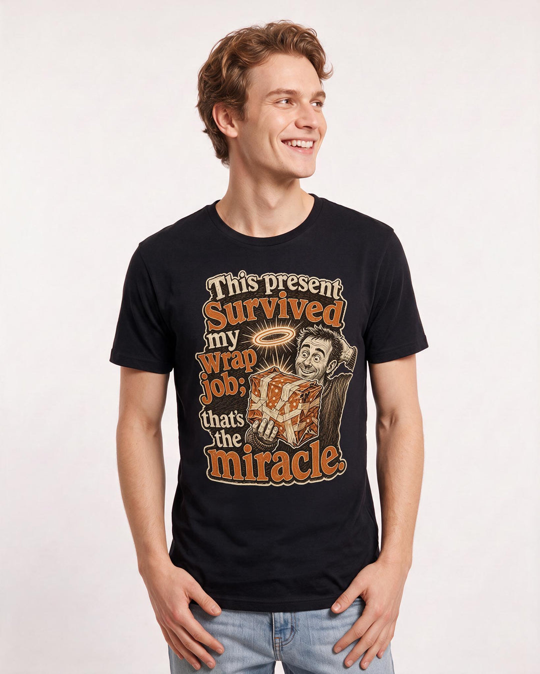 Funny Christmas Men's Black T-Shirt – This present survived my wrap job; that's the miracle. product image 3
