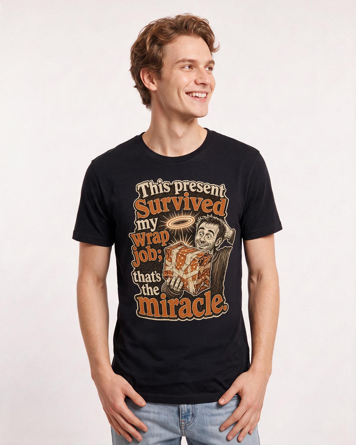 Funny Christmas Men's Black T-Shirt – This present survived my wrap job; that's the miracle. product image 3