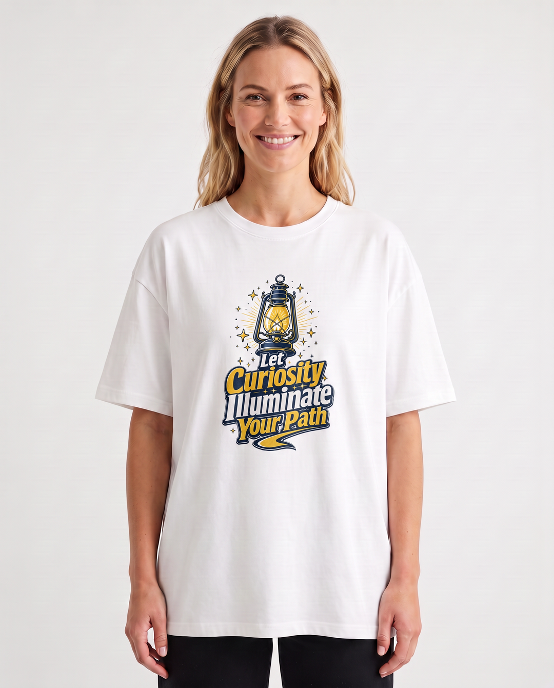 Let Curiosity Illuminate Your Path White T-Shirt mockup 3