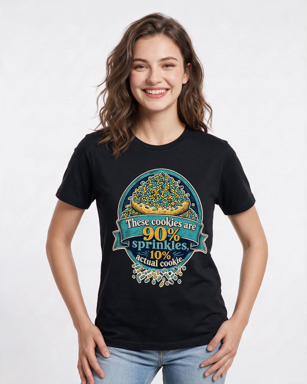 Christmas Women's Black T-Shirt – These cookies are 90% sprinkles, 10% actual cookie. product image 3