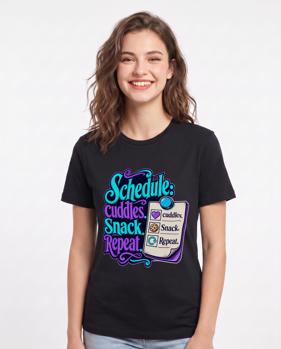 Mom Women's Black T-Shirt – Schedule: cuddles. Snack. Repeat. product image 1
