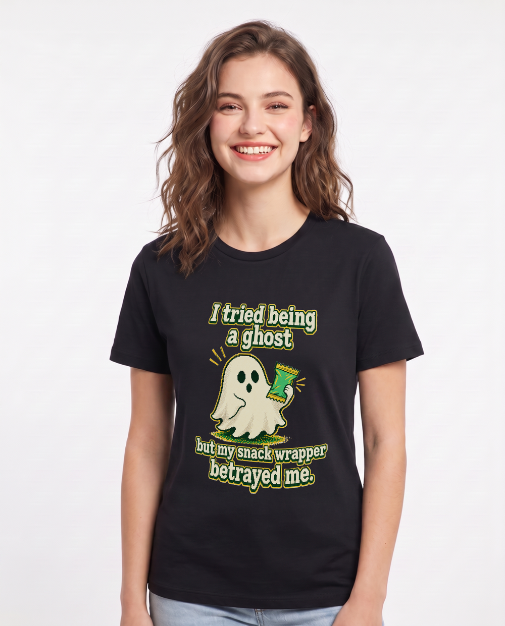 I tried being a ghost but my snack wrapper betrayed me. Women's Black T-Shirt product image 2