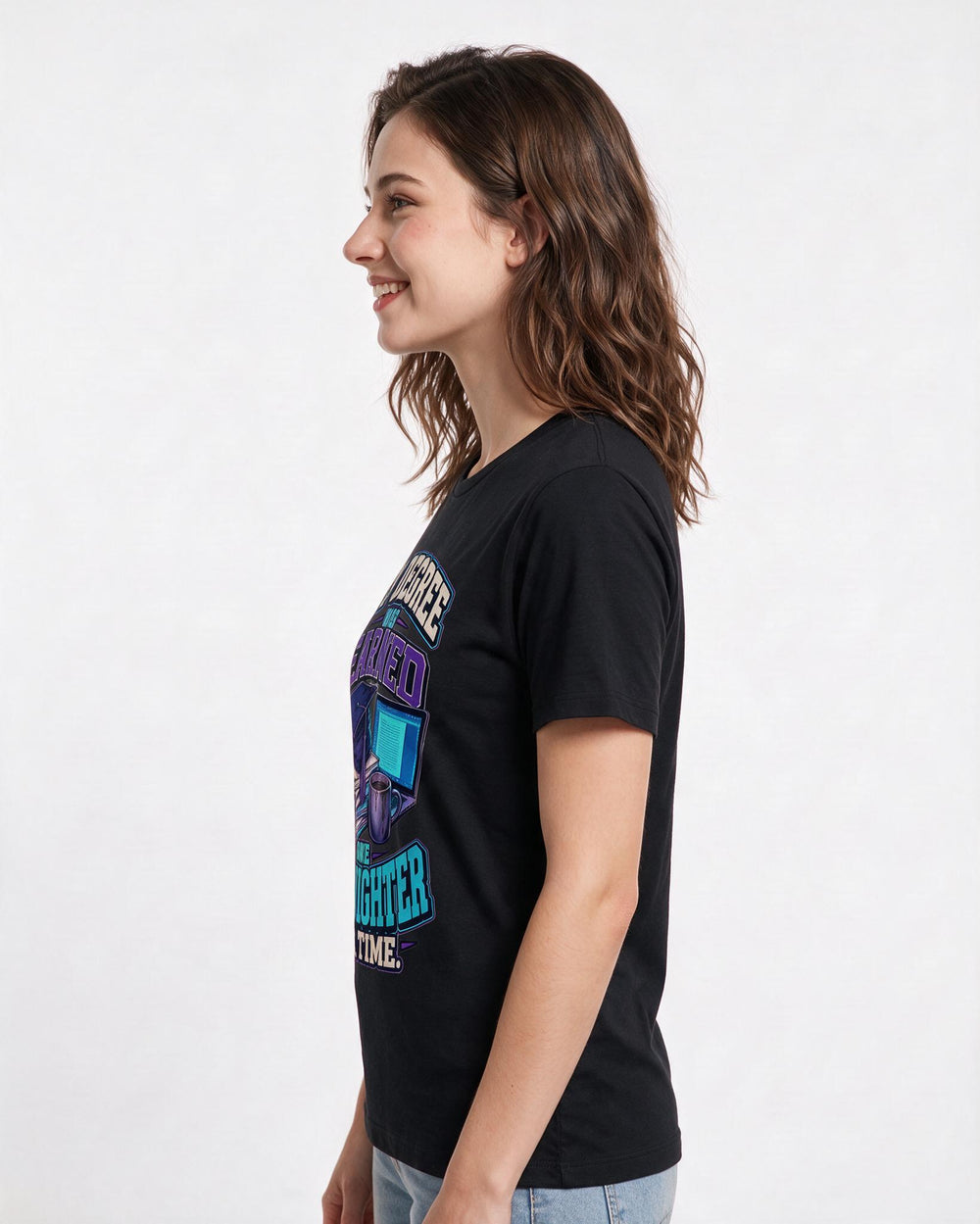 Graduation Women's Black T-Shirt – My degree was earned one all-nighter at a time. product image 2