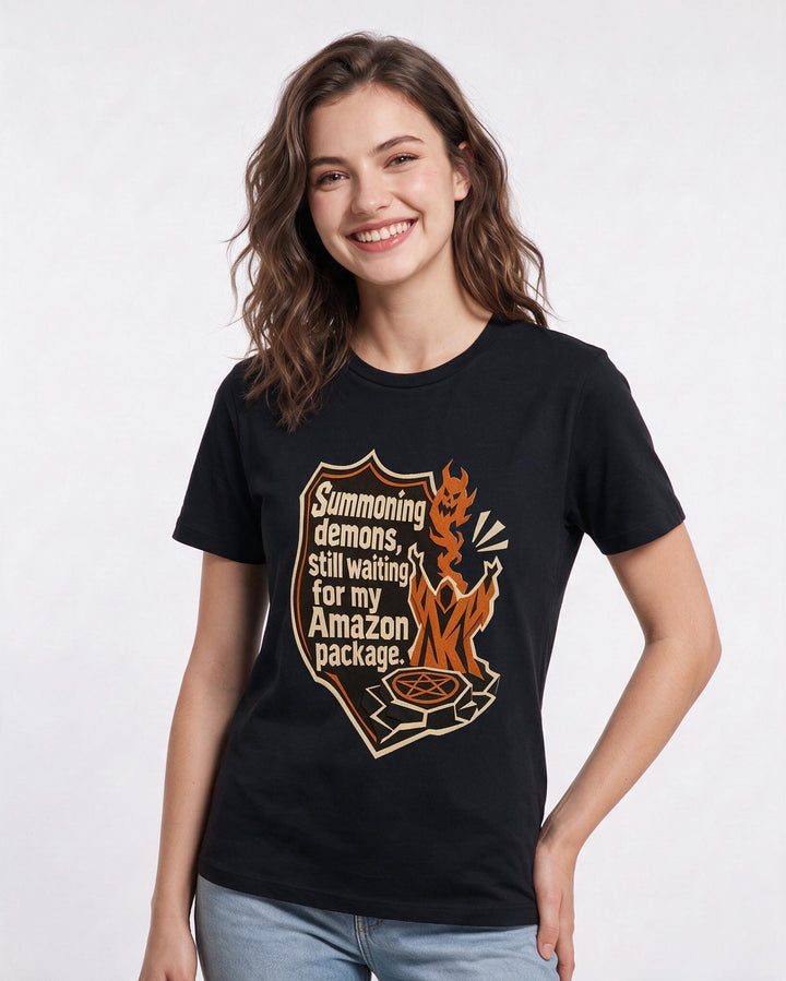 Halloween Women's Black T-Shirt - Summoning demons, still waiting for product image 3