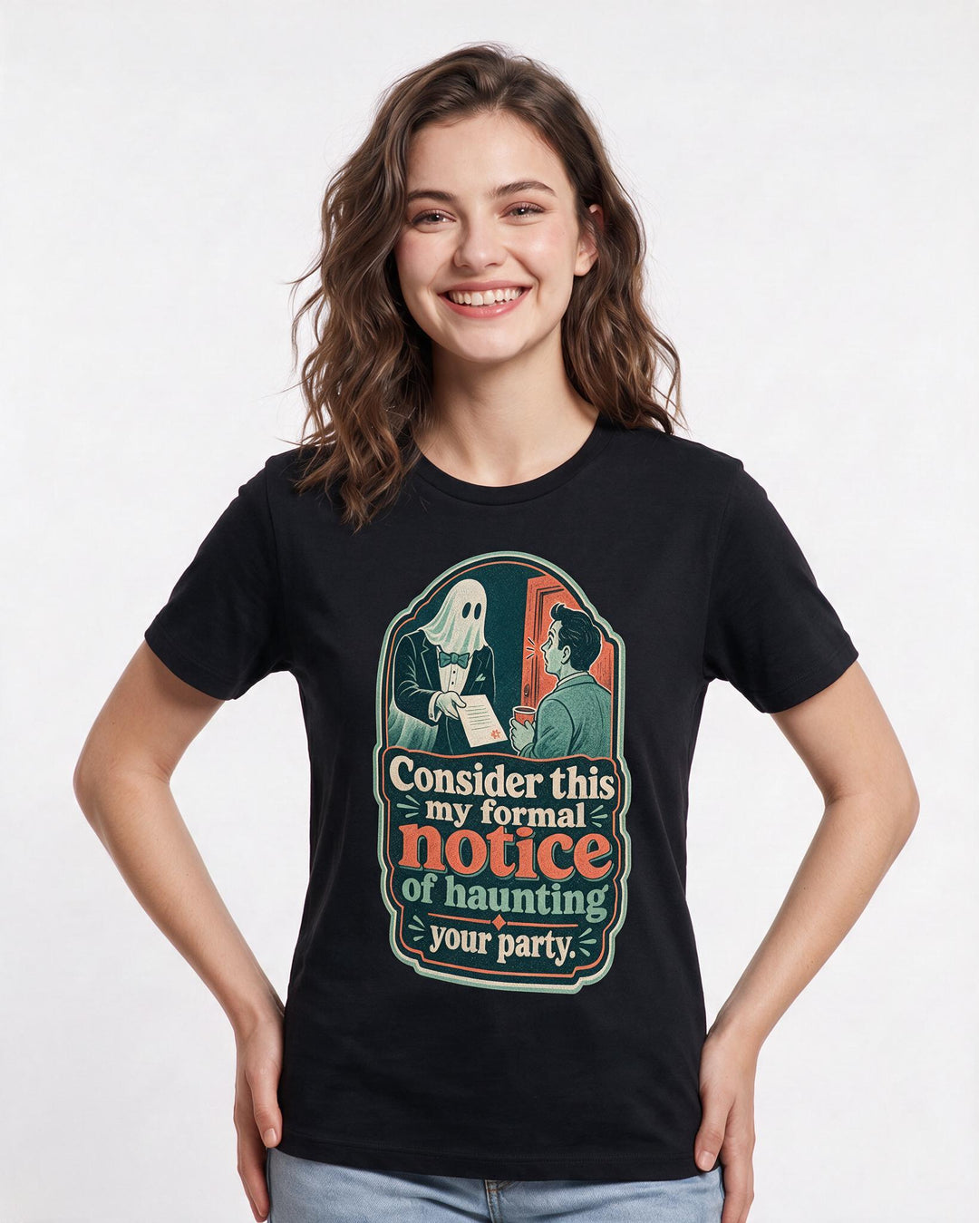 Halloween Women's Black T-Shirt – Consider this my formal notice of haunting your party. product image 3