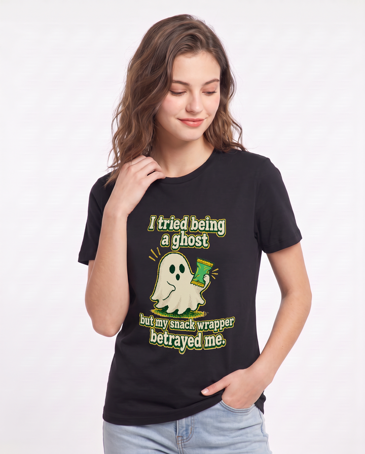 I tried being a ghost but my snack wrapper betrayed me. Women's Black T-Shirt product image 1
