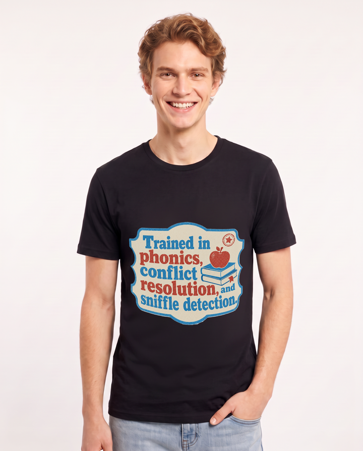 Teacher Gift Men's Black T-Shirt - Trained in phonics, conflict product image 1