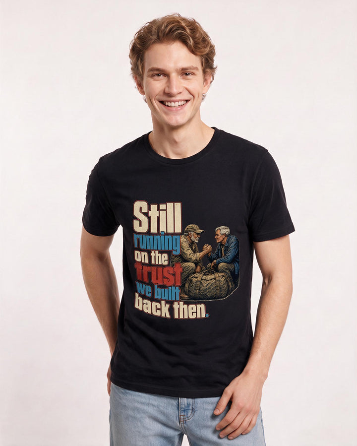 Veteran Men's Black T-Shirt – Still running on the trust we built back then. product image 3