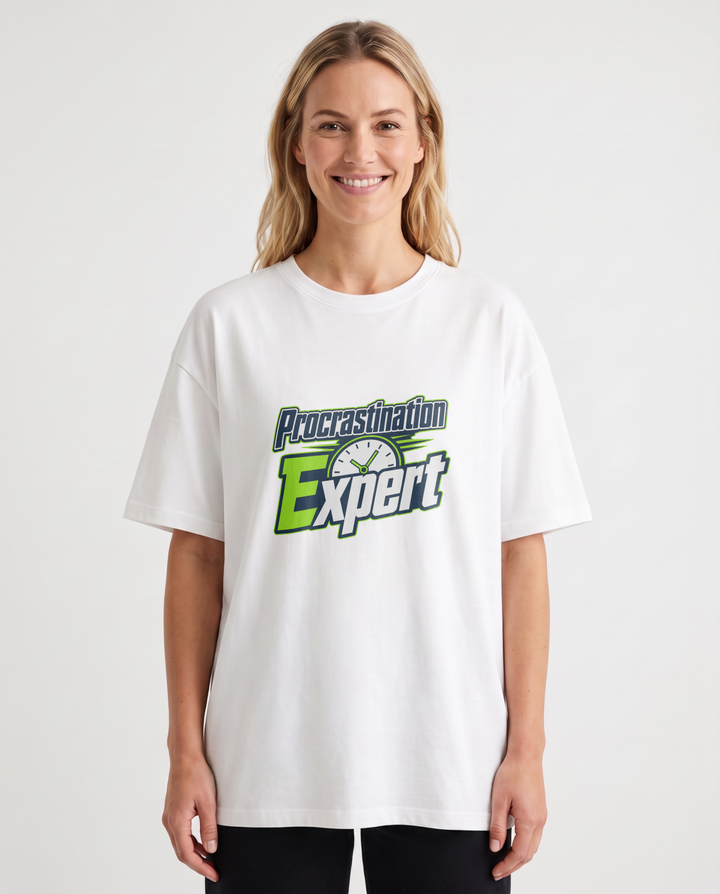 Procrastination Expert White T-Shirt mockup 1