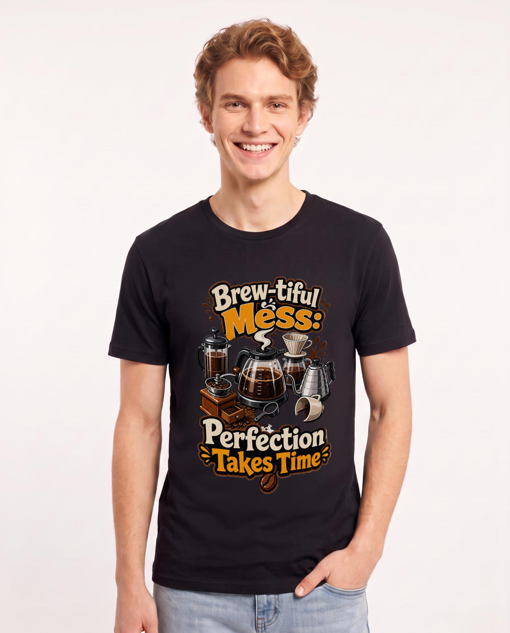 Brew-tiful Mess: Perfection Takes Time Men's Black T-Shirt product image 2
