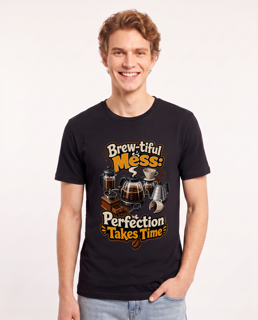 Brew-tiful Mess: Perfection Takes Time Men's Black T-Shirt product image 2