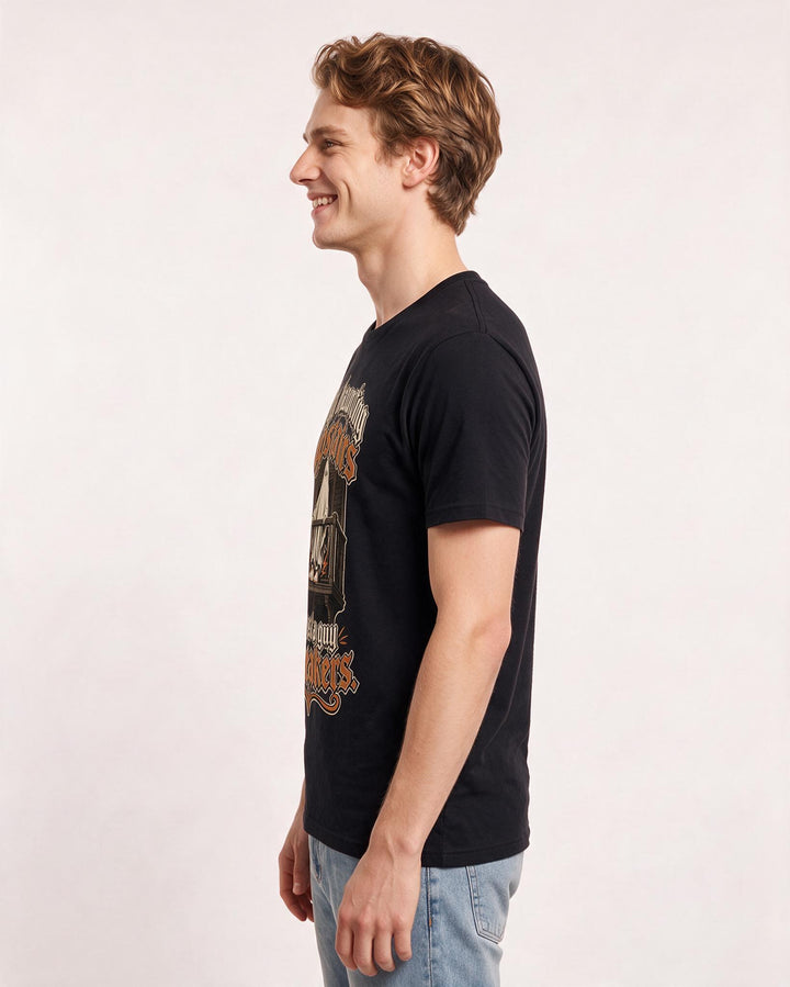 Funny Halloween Men's Black T-Shirt – My haunting upstairs is just a guy in sneakers. product image 2