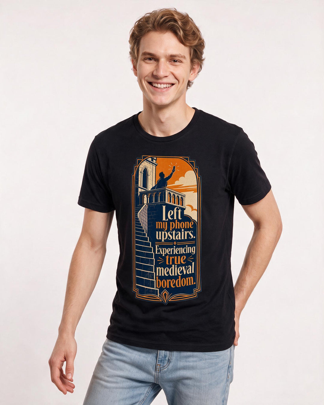 Funny Meme Men's Black T-Shirt – Left my phone upstairs. Experiencing product image 3