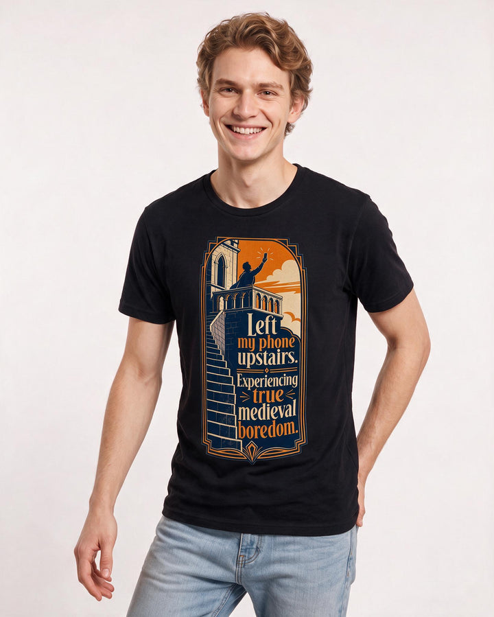 Funny Meme Men's Black T-Shirt – Left my phone upstairs. Experiencing product image 3