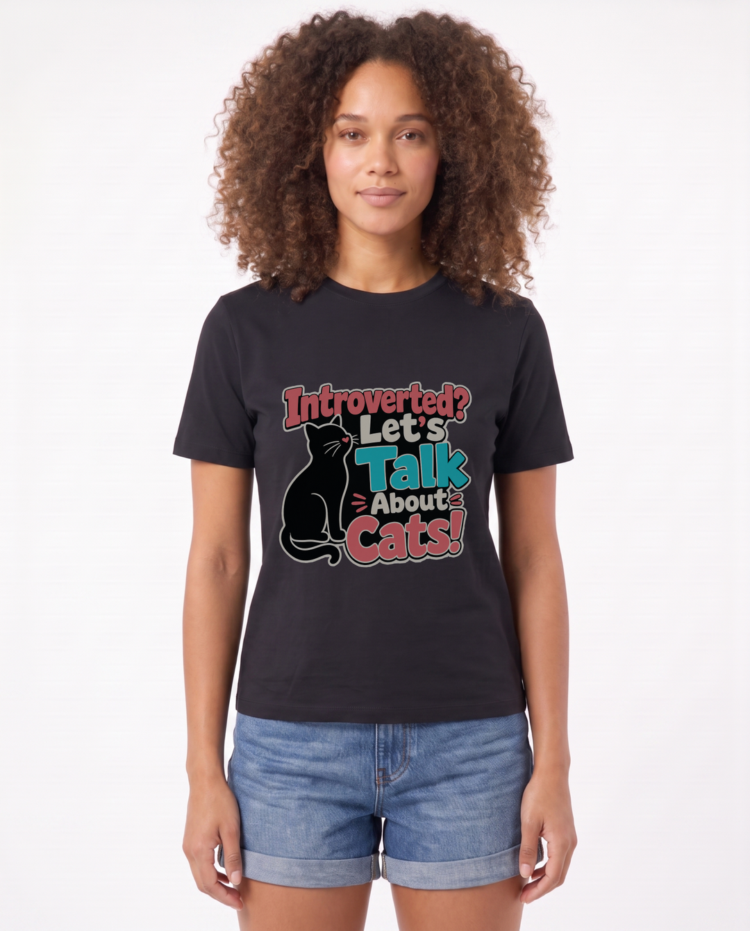 Introverted? Let's Talk About Cats! Black T-Shirt mockup 1