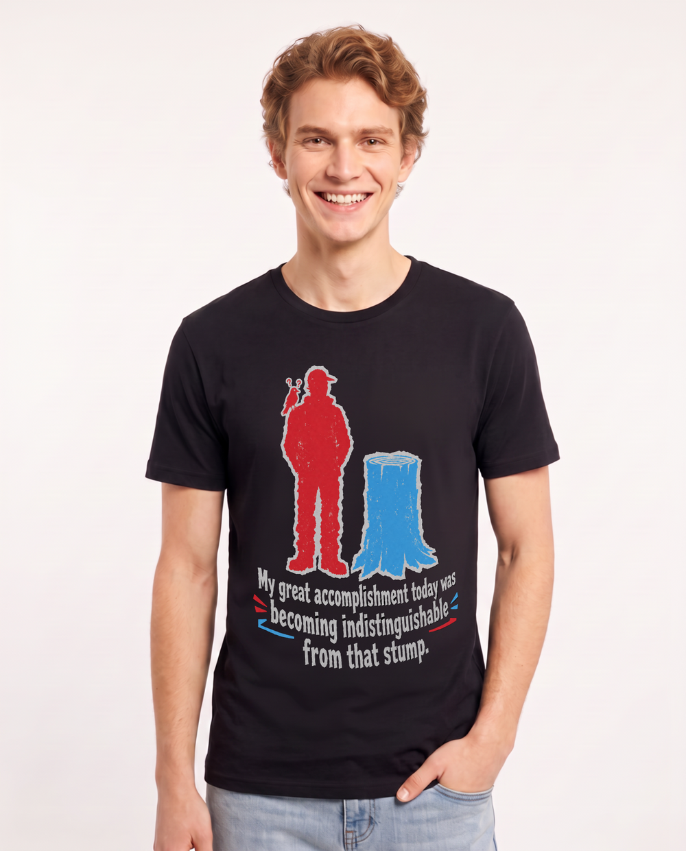 My great accomplishment today was becoming indistinguishable from that stump. Men's Black T-Shirt product image 2