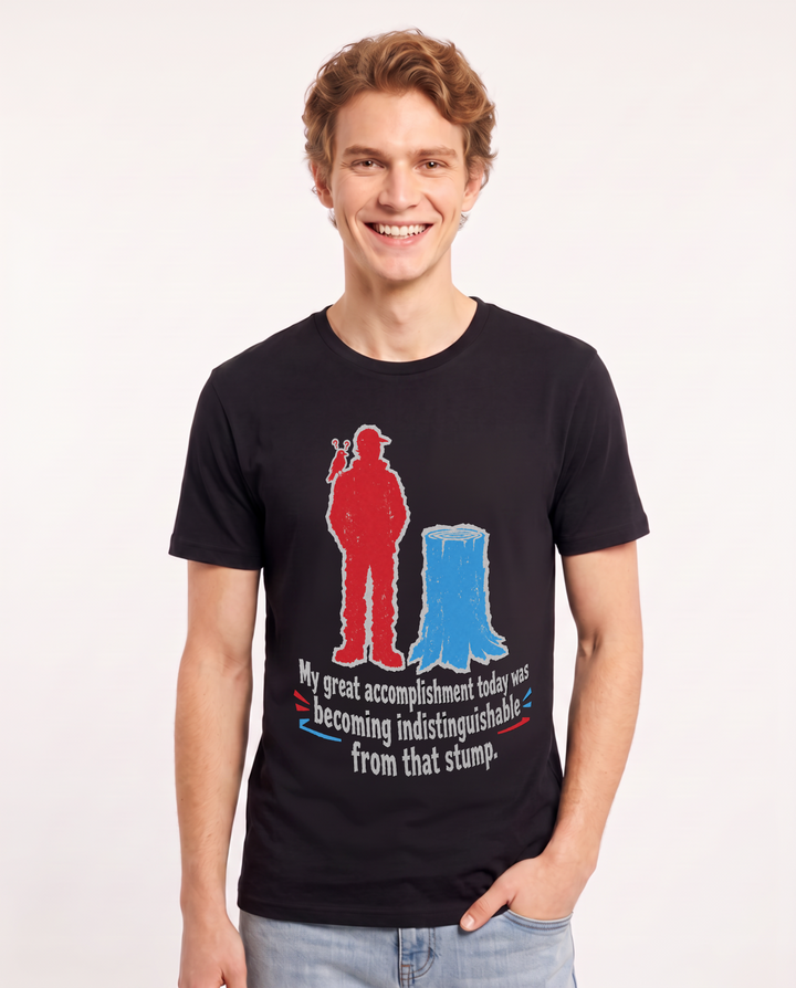 My great accomplishment today was becoming indistinguishable from that stump. Men's Black T-Shirt product image 2