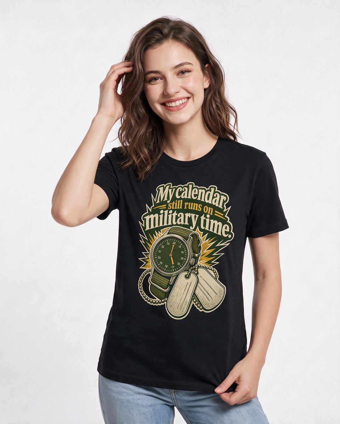 Veteran Women's Black T-Shirt – My calendar still runs on military time. product image 3