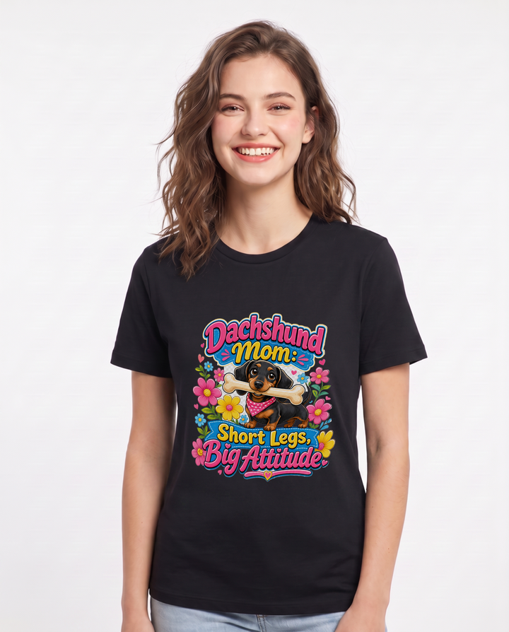 Dachshund Mom: Short Legs, Big Attitude Women's Black T-Shirt product image 2