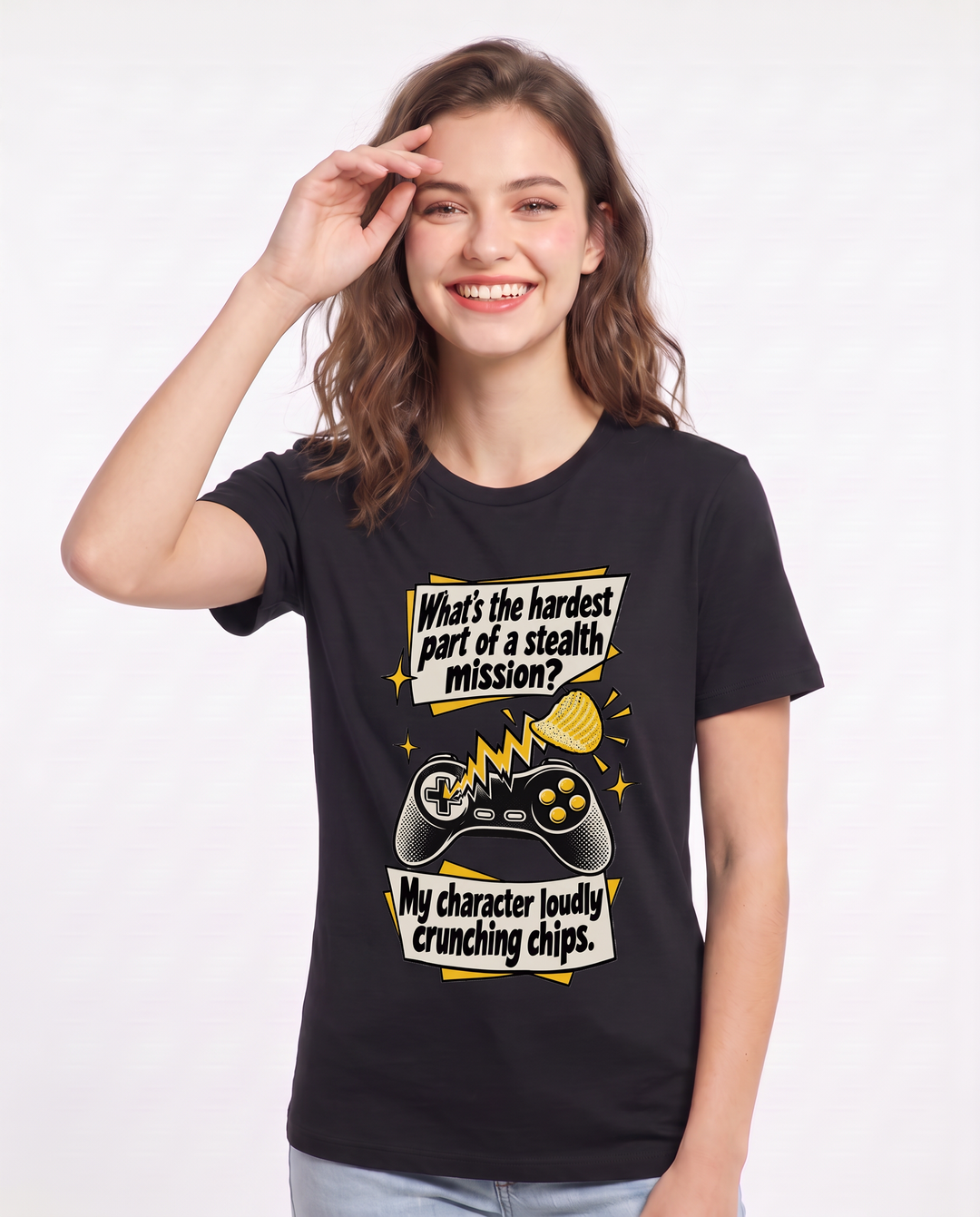 What's the hardest part of a stealth mission? My character loudly crunching chips. Women's Black T-Shirt product image 1