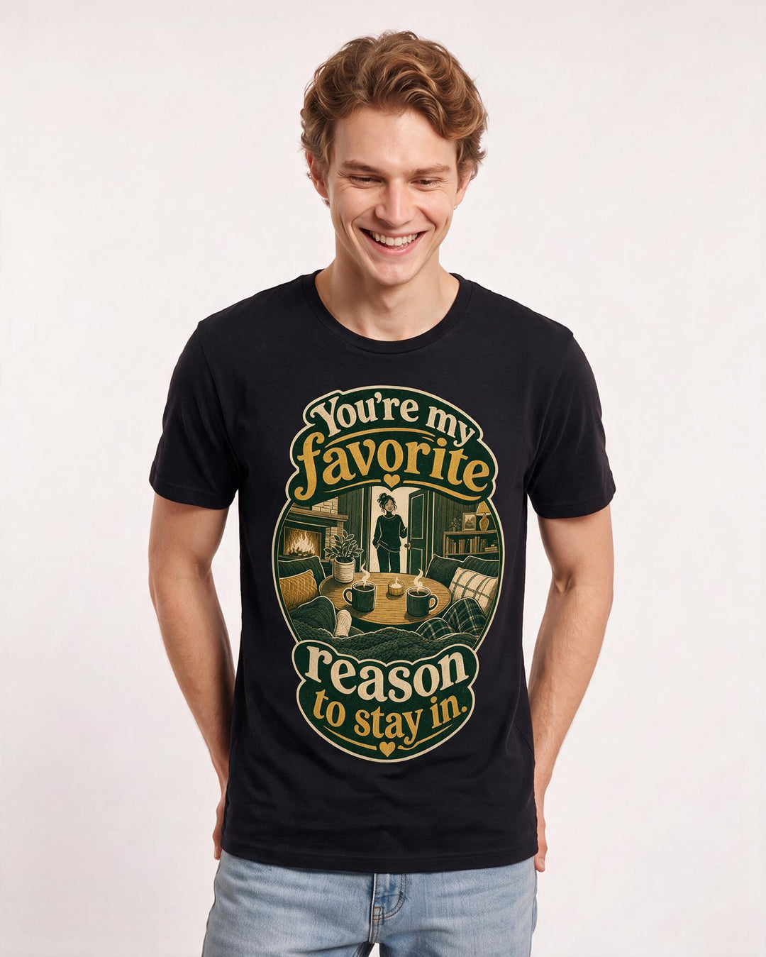 Couples Men's Black T-Shirt – You're my favorite reason to stay in. product image 3