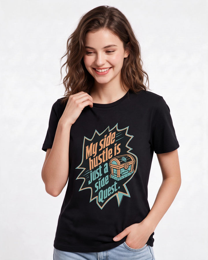 Gaming Women's Black T-Shirt - My side hustle is just a side quest. product image 3
