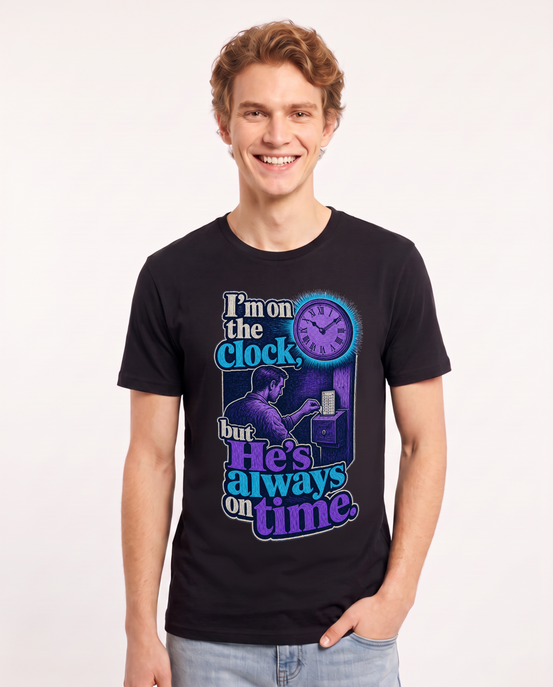 Christian Faith Men's Black T-Shirt – I'm on the clock, but He's always on time. product image 1