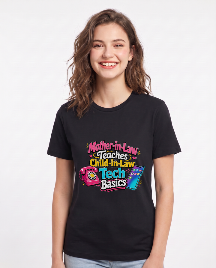 Mother-in-Law Teaches Child-in-Law Tech Basics Women's Black T-Shirt product image 2