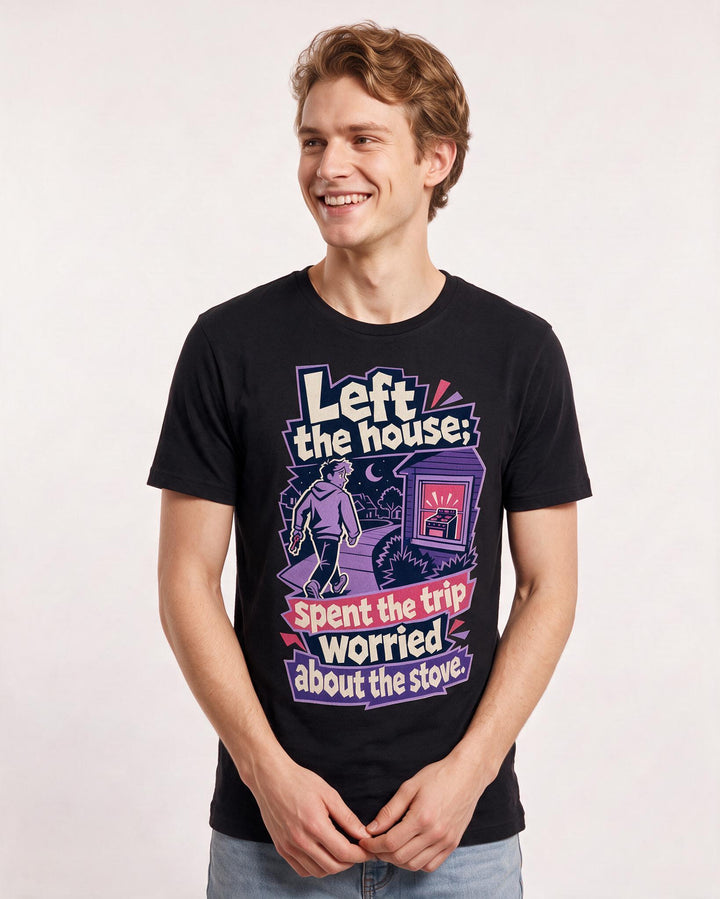 Funny Meme Men's Black T-Shirt – Left the house; spent the trip worried product image 3