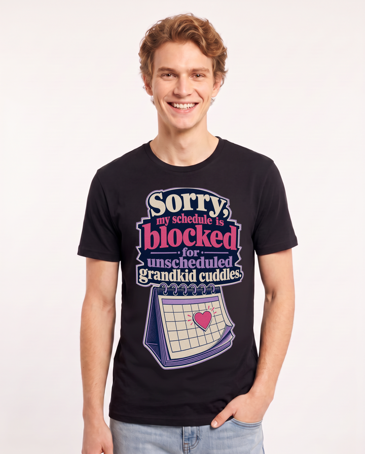 Grandparent Men's Black T-Shirt – Sorry, my schedule is blocked for unscheduled grandkid cuddles. product image 1