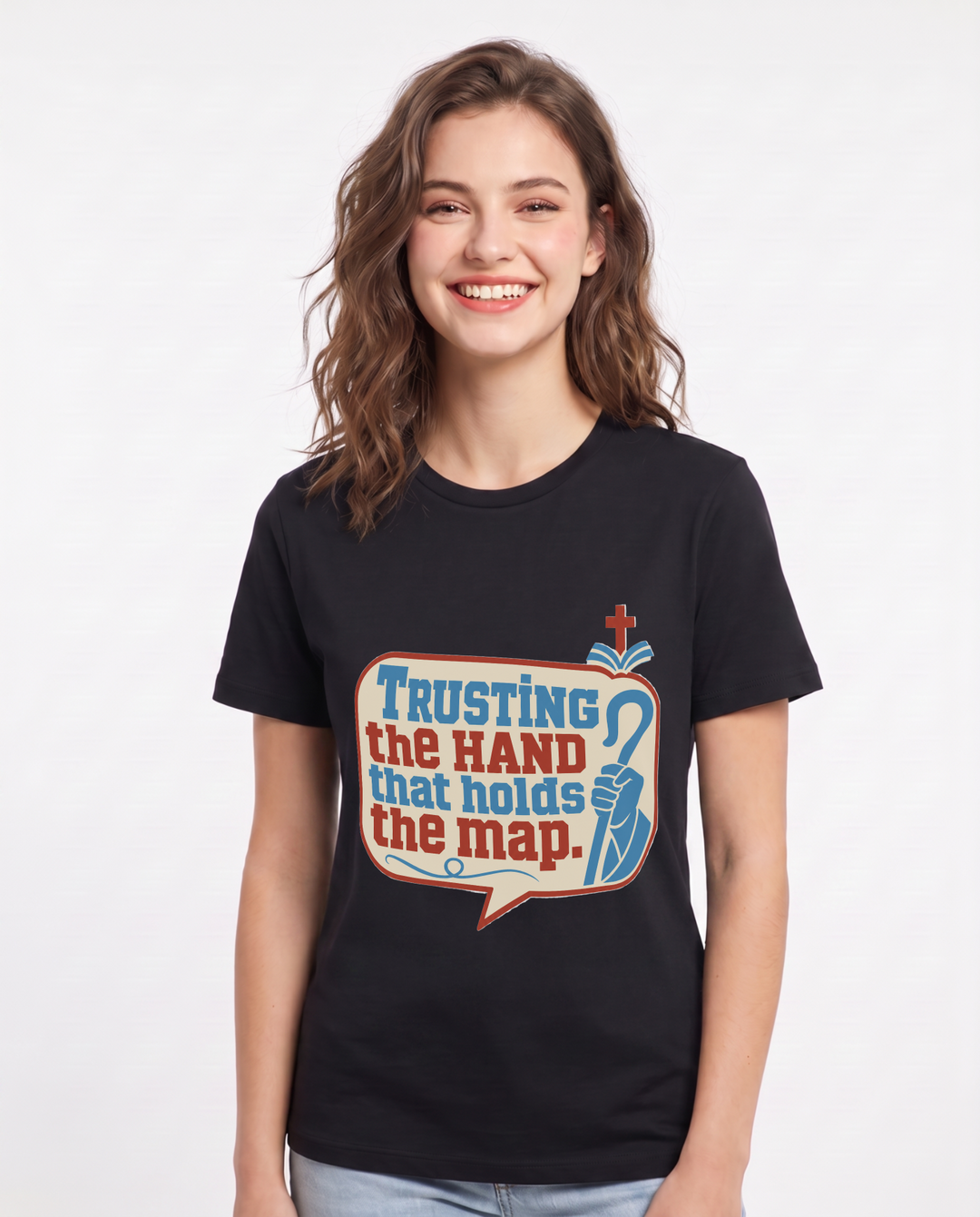 Graphic Women's Black T-Shirt - Trusting the hand that holds the map. product image 1