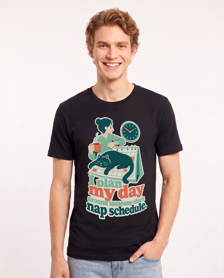 Funny Cat Lover Men's Black T-Shirt – I plan my day around someone else's nap schedule. product image 1