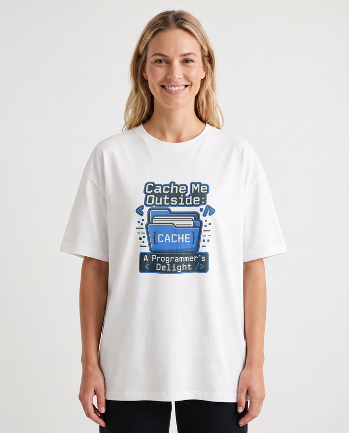 Cache Me Outside: A Programmer's Delight White T-Shirt mockup 1