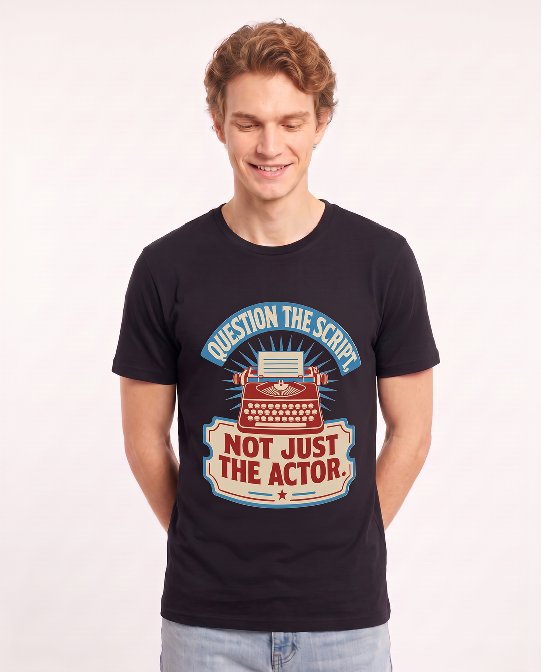 Graphic Men's Black T-Shirt - Question the script, not just the actor. product image 3