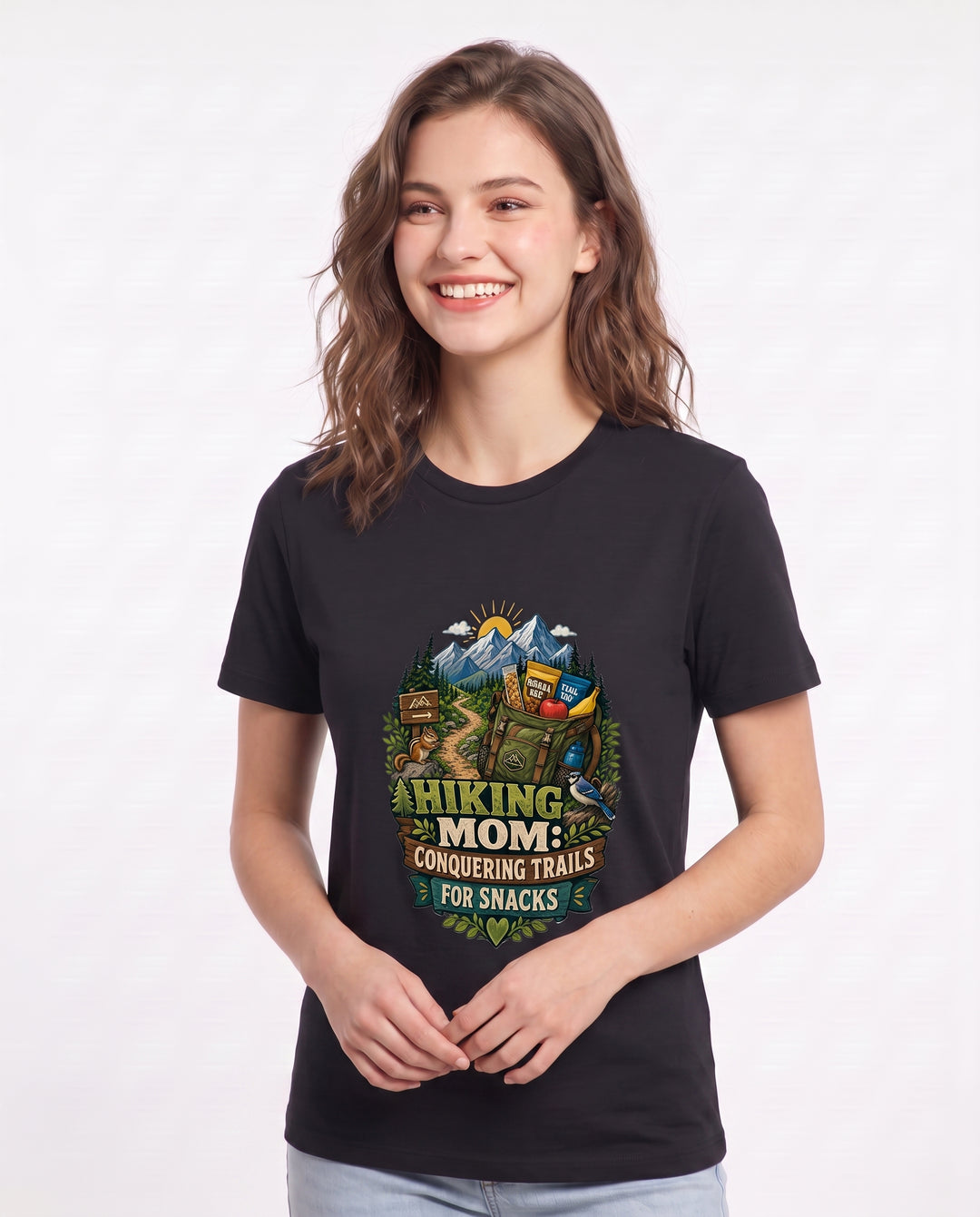 Hiking Mom: Conquering Trails for Snacks Women's Black T-Shirt product image 3