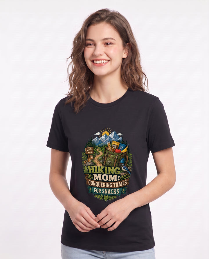 Hiking Mom: Conquering Trails for Snacks Women's Black T-Shirt product image 3
