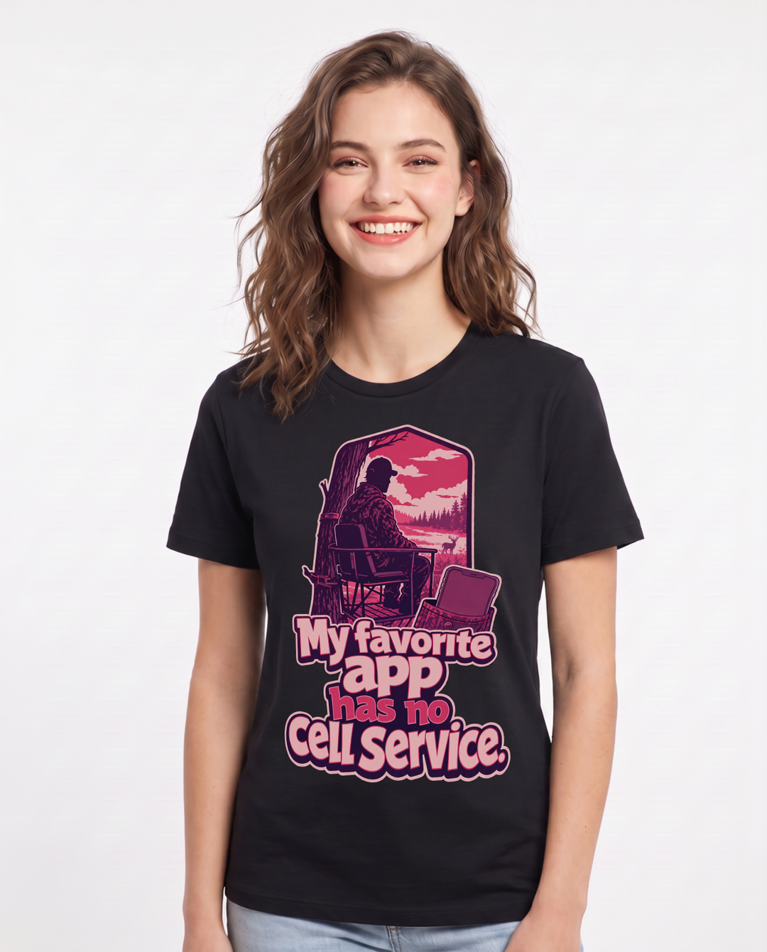 Funny Hunting Women's Black T-Shirt – My favorite app has no cell service. product image 1