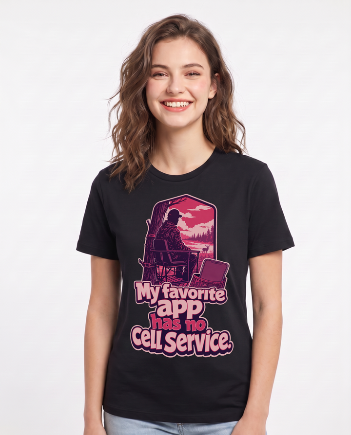 Funny Hunting Women's Black T-Shirt – My favorite app has no cell service. product image 1