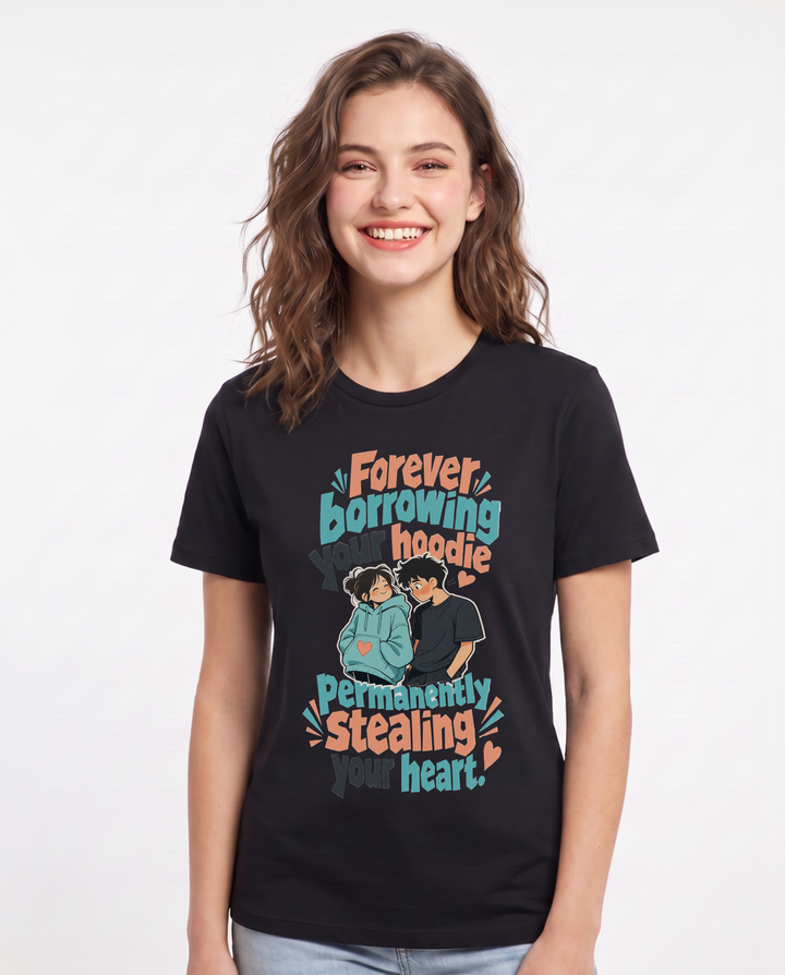 Couples Women's Black T-Shirt – Forever borrowing your hoodie, permanently stealing your heart. product image 1
