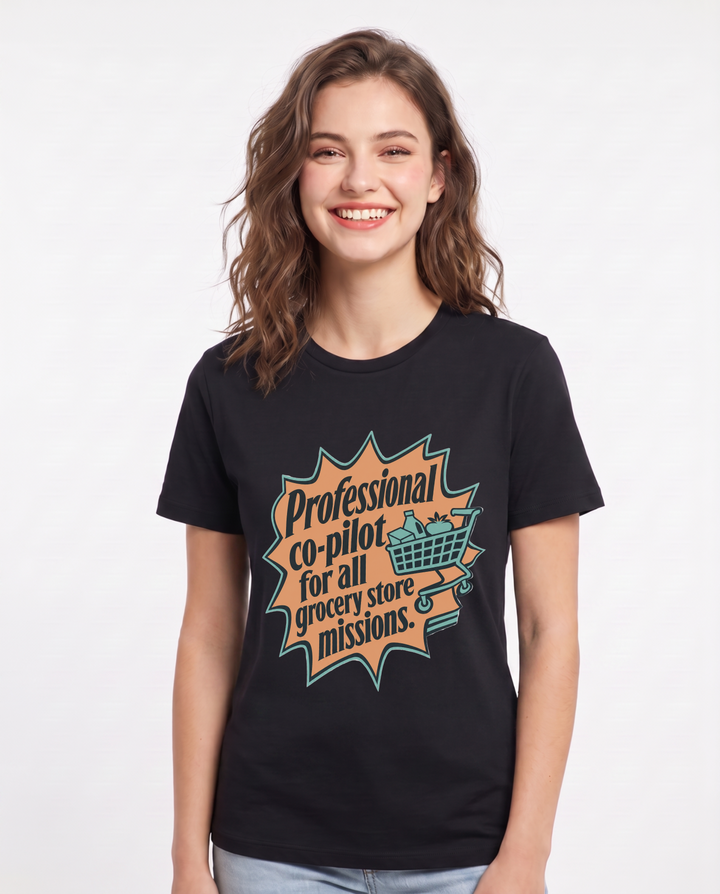 Couples Women's Black T-Shirt - Professional co-pilot for all grocery product image 1