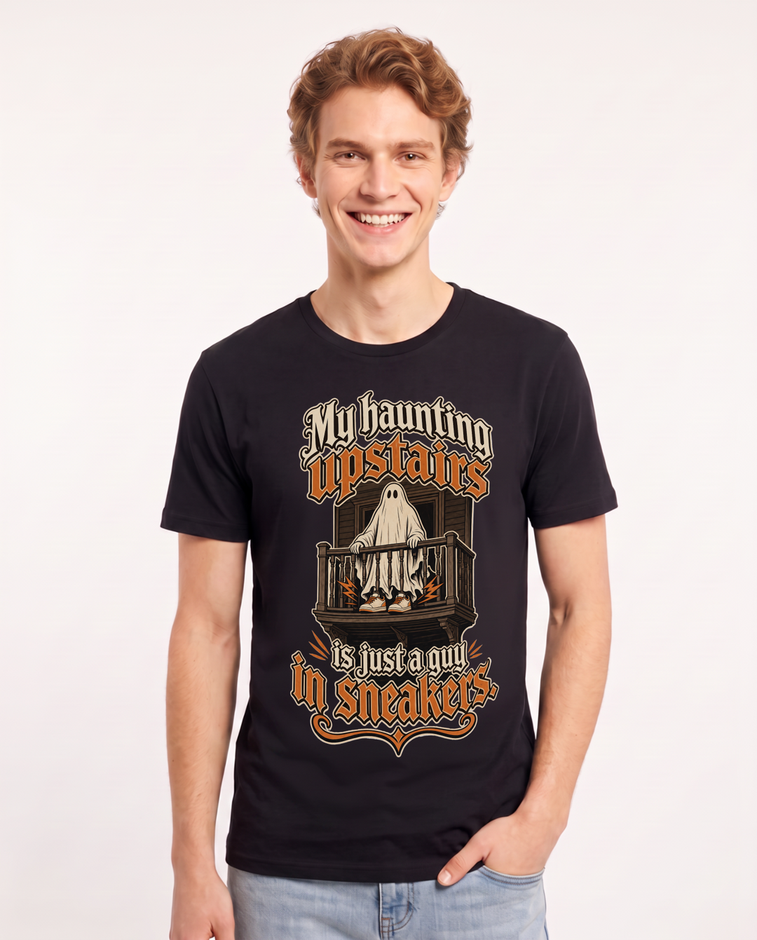 Funny Halloween Men's Black T-Shirt – My haunting upstairs is just a guy in sneakers. product image 1