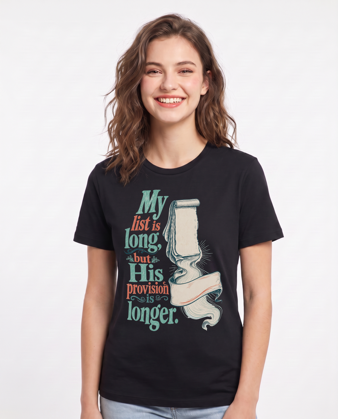 Christian Faith Women's Black T-Shirt – My list is long, but His provision is longer. product image 1