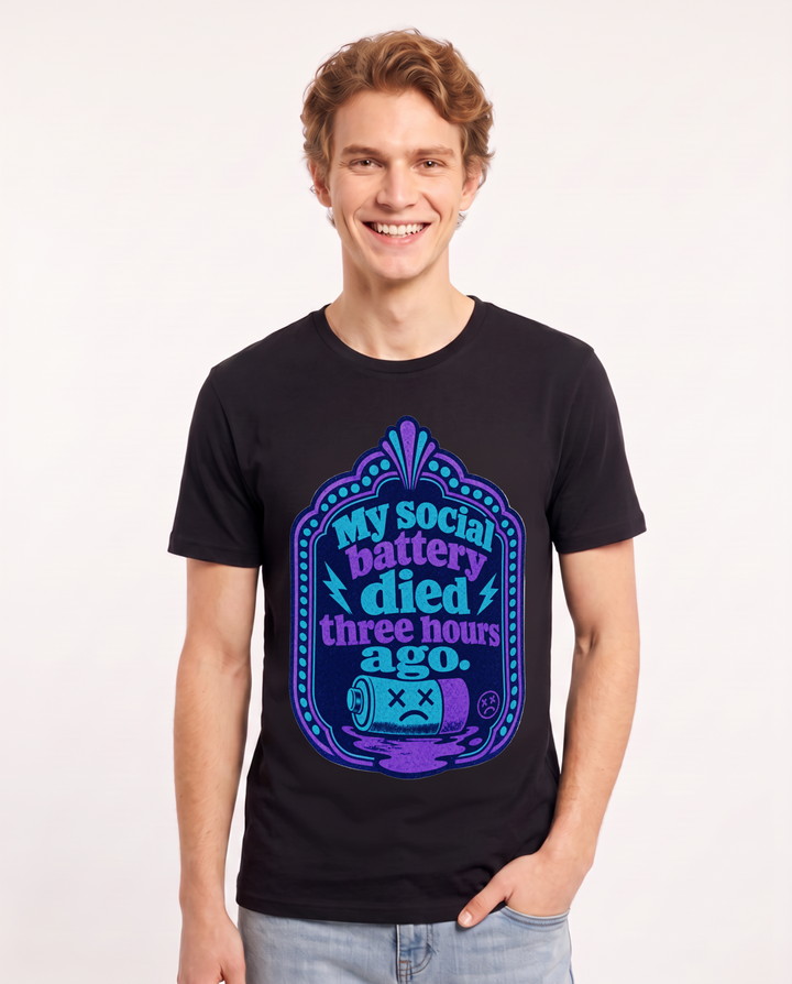 Graphic Men's Black T-Shirt - My social battery died three hours ago. product image 1