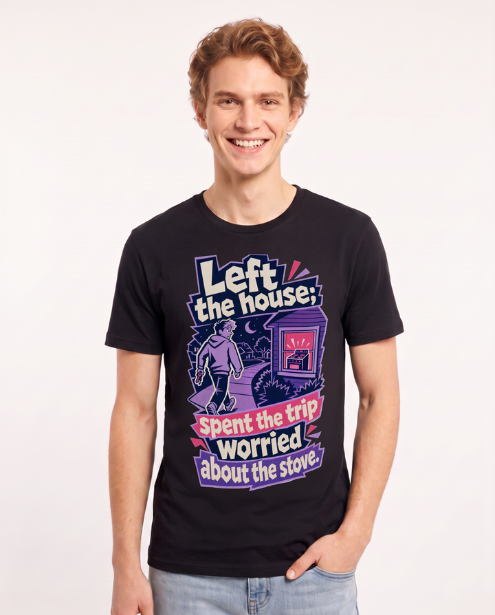 Funny Meme Men's Black T-Shirt – Left the house; spent the trip worried product image 1