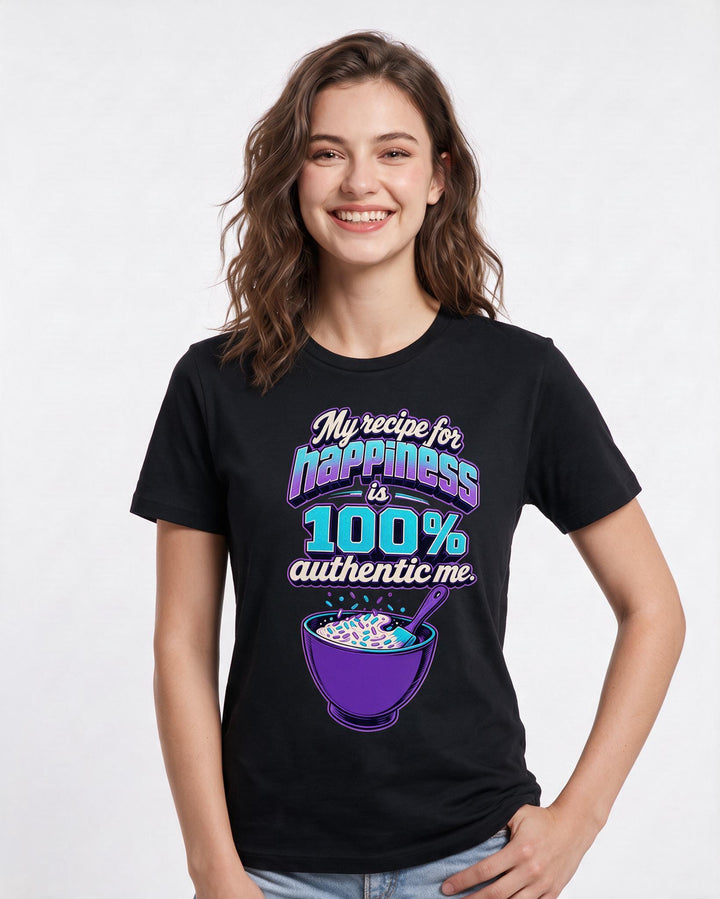 Pride Women's Black T-Shirt – My recipe for happiness is 100% authentic me. product image 3
