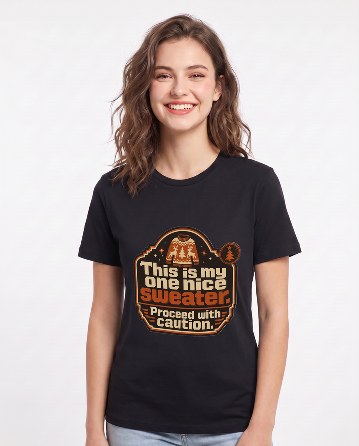 Christmas Women's Black T-Shirt - This is my one nice sweater. Proceed product image 1