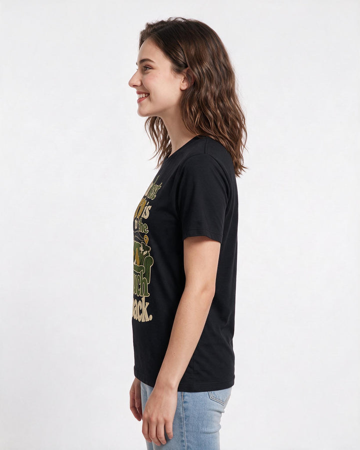 Couples Women's Black T-Shirt – Our best trip is to the couch and back. product image 2