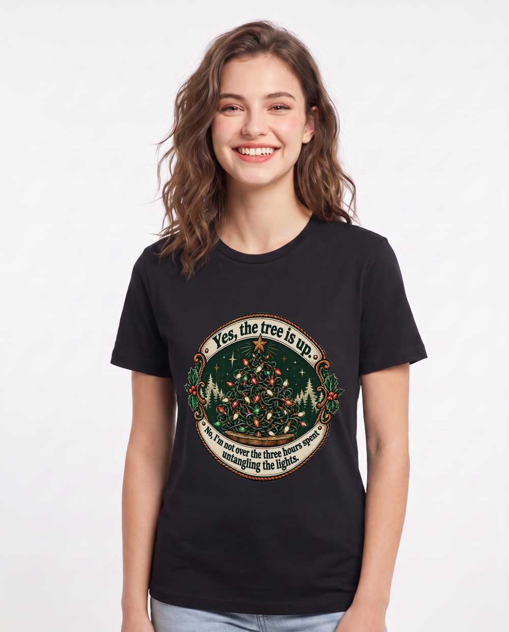 Yes, the tree is up. No, I'm not over the three hours spent untangling the lights. Women's Black T-Shirt product image 2