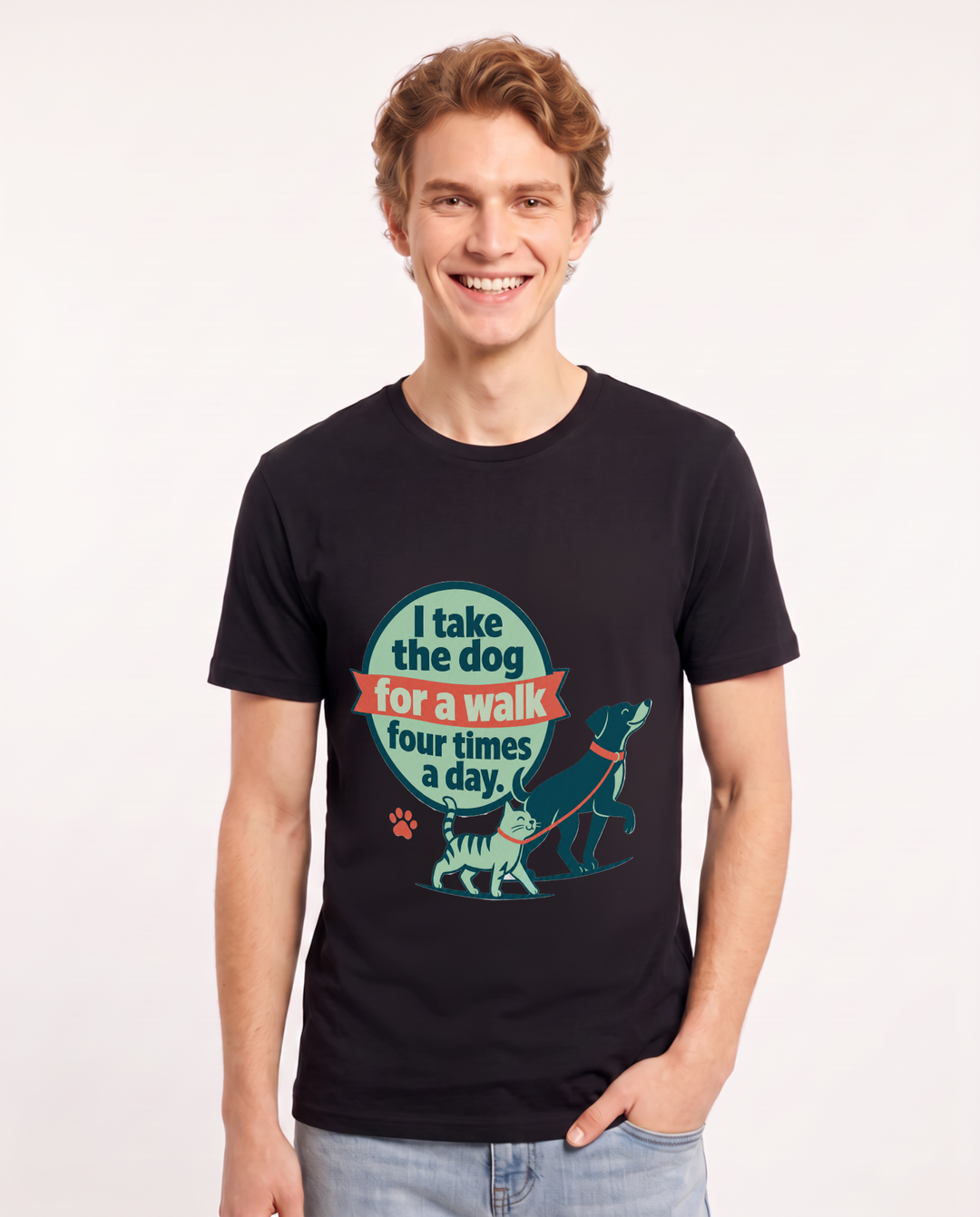 Graphic Men's Black T-Shirt - I take the dog for a walk four times a product image 1