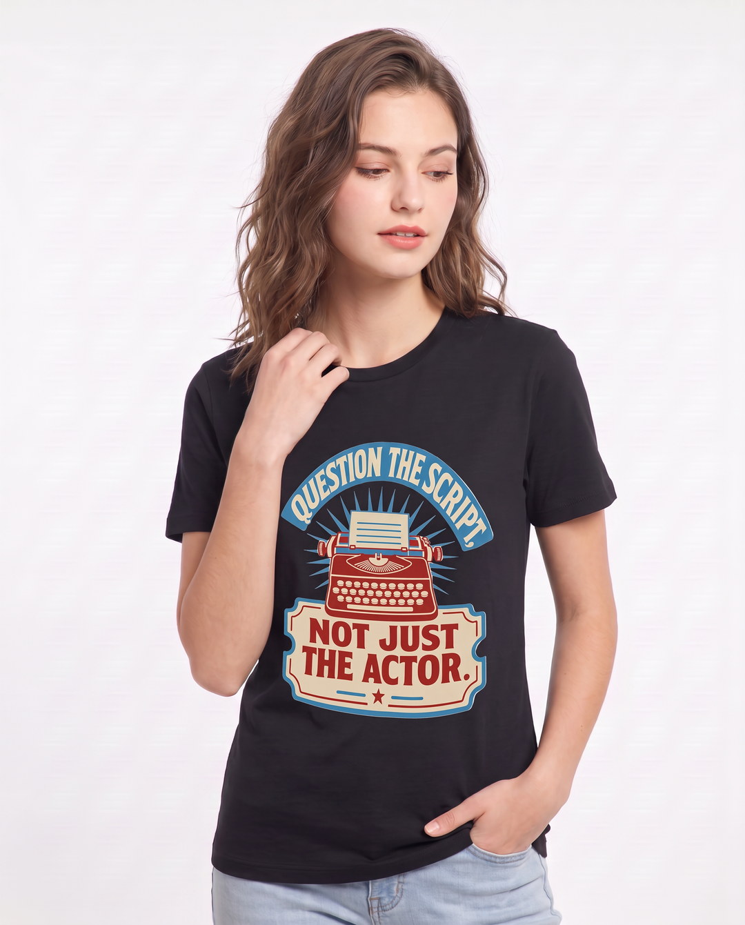 Graphic Women's Black T-Shirt - Question the script, not just the product image 3